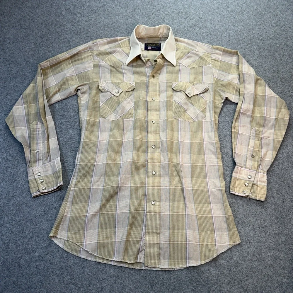 Vtg Panhandle Slim Men M Western Snap-Front Shirt Tan Olive Plaid 15 34 USA 70's